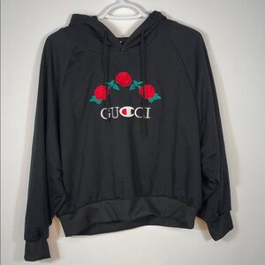 Gucci Black Hoodie with Red and Green Rose Embroidery